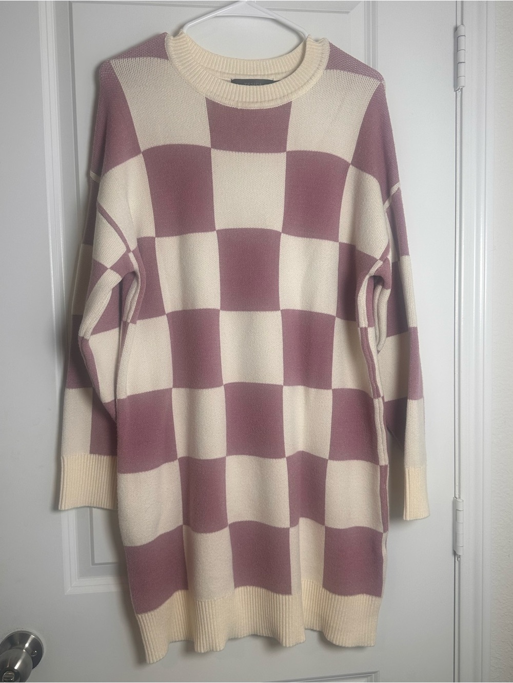 Checkerboard Crewneck Sweater Dress in Cream and Mauve
